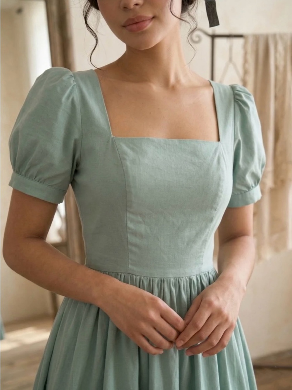 Hearts and Found Isadora Jade Green Solid Cotton Dress - Picture 3 of 8